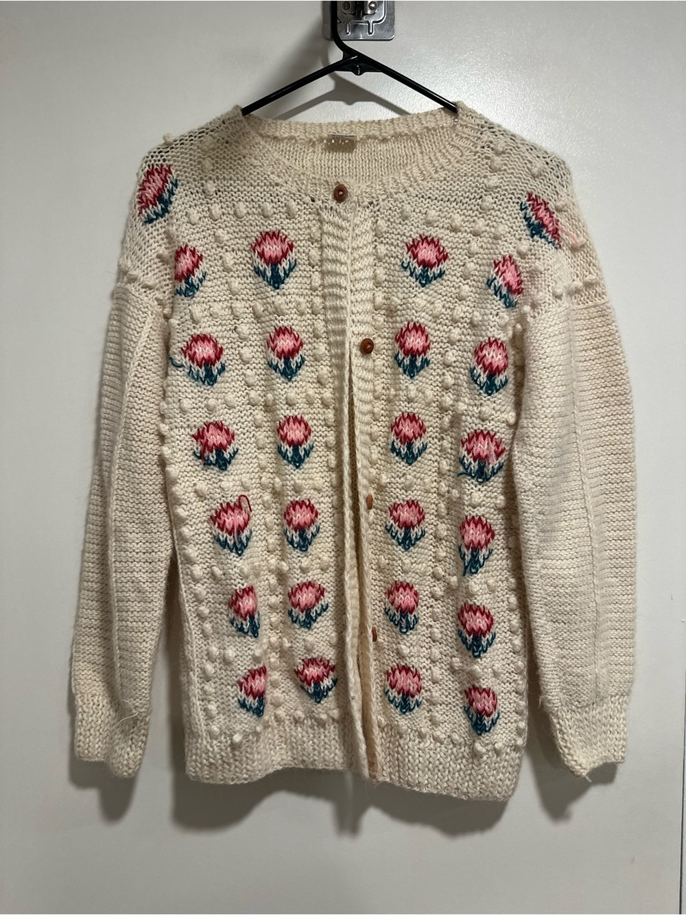 VTG Cream Peruvian alpaca knit bobble popcorn floral AOP Cottagecore cardigan.
